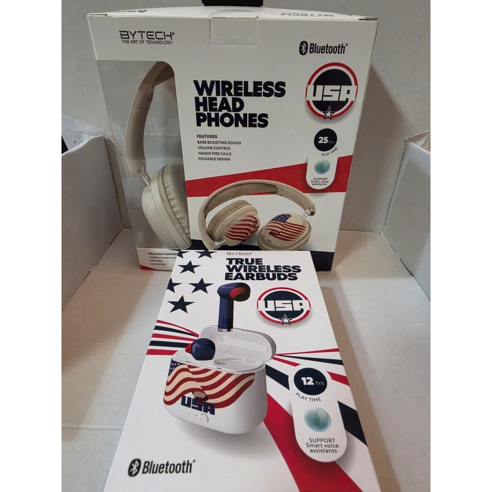 Bytech USA Patriotic Bluetooth Audio Bundle Over-Ear Headphones & Earbuds NEW